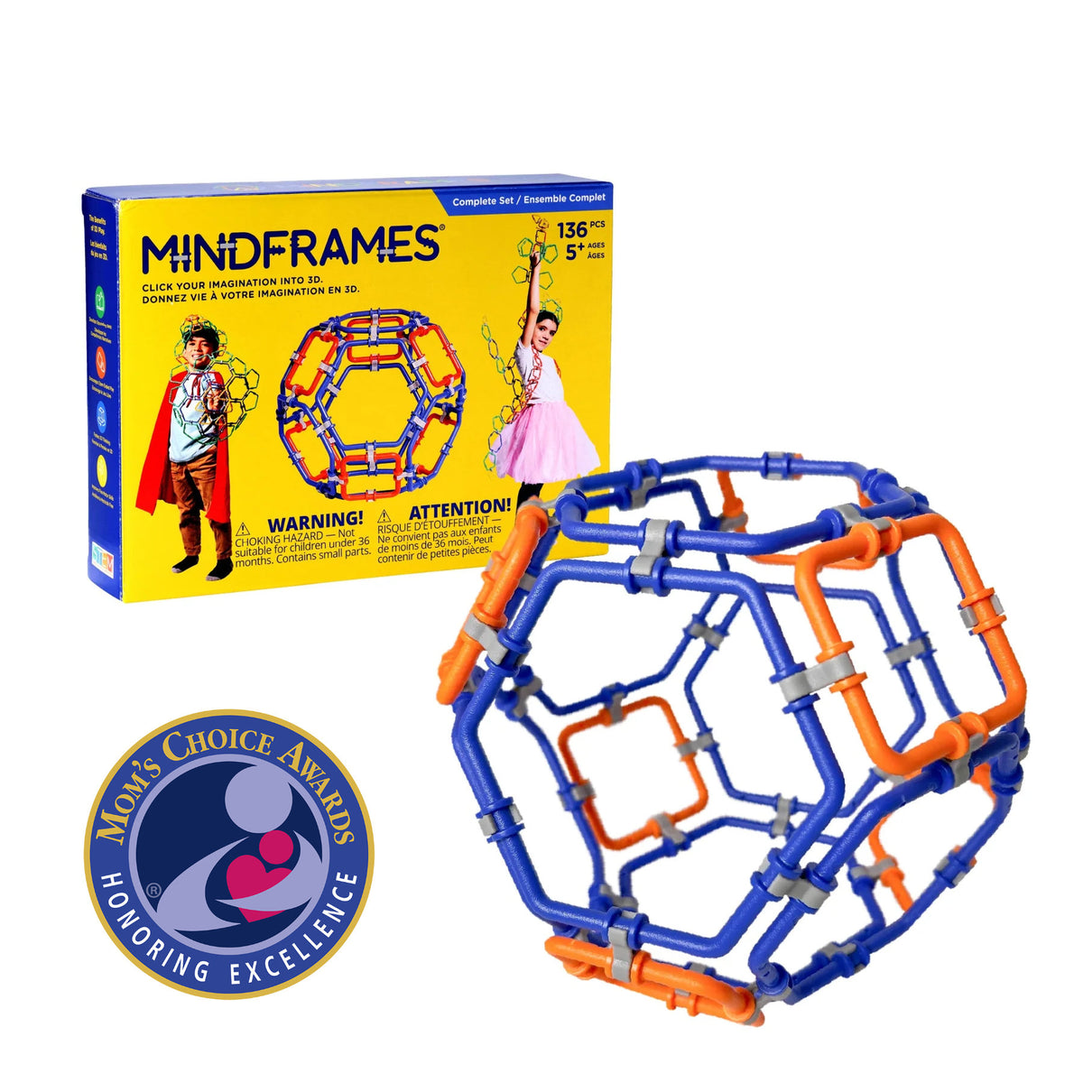 MindFrames building toy set with a completed blue and orange geometric ball, shown alongside its yellow retail box and a Mom's Choice Awards badge on a white background.