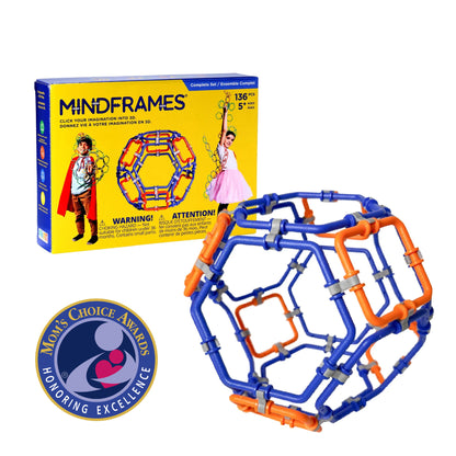 MindFrames building toy set with a completed blue and orange geometric ball, shown alongside its yellow retail box and a Mom's Choice Awards badge on a white background.
