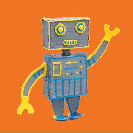 A 3D doodled grey robot with yellow and blue highlights