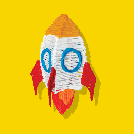 A colorful 3D doodled rocket on a yellow background