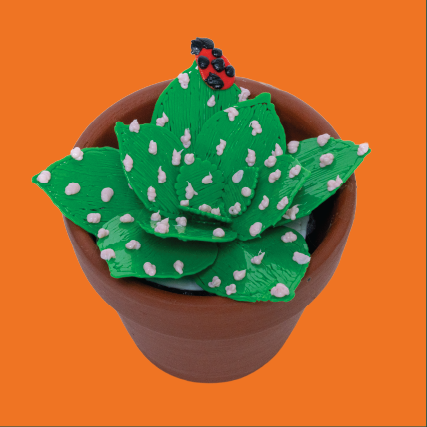 A 3D doodled succulent plant in a plant pot. A ladybug is resting on the plant