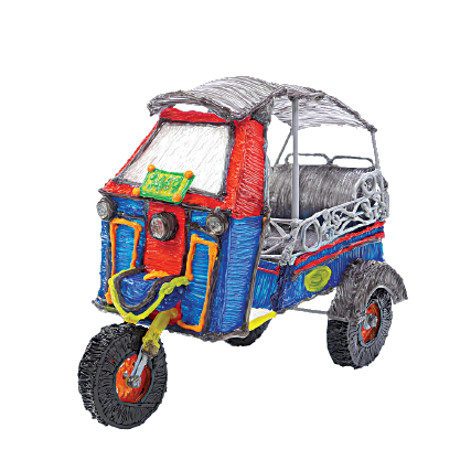 A brightly colored Tuk Tuk model made with a 3D Pen